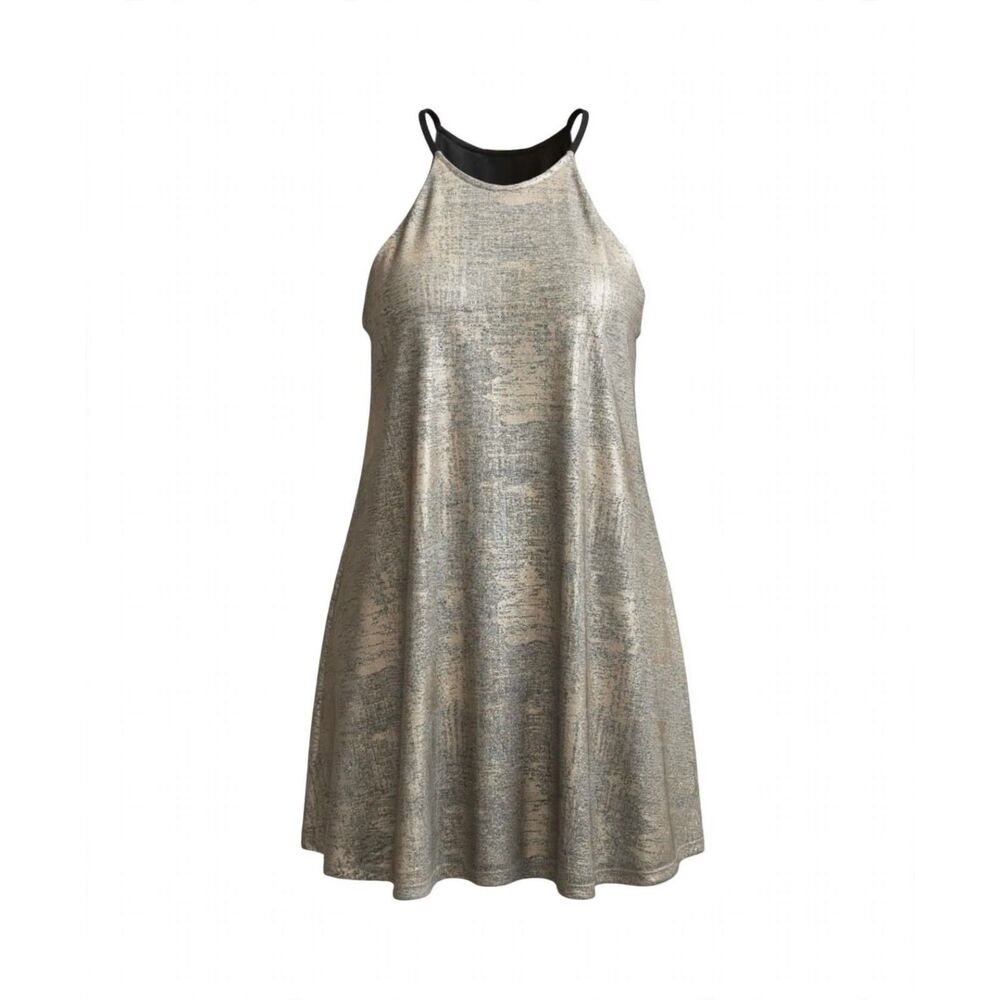 Silver Metallic Halter Bow Tie Sleeveless Shift Short Party Dress Women